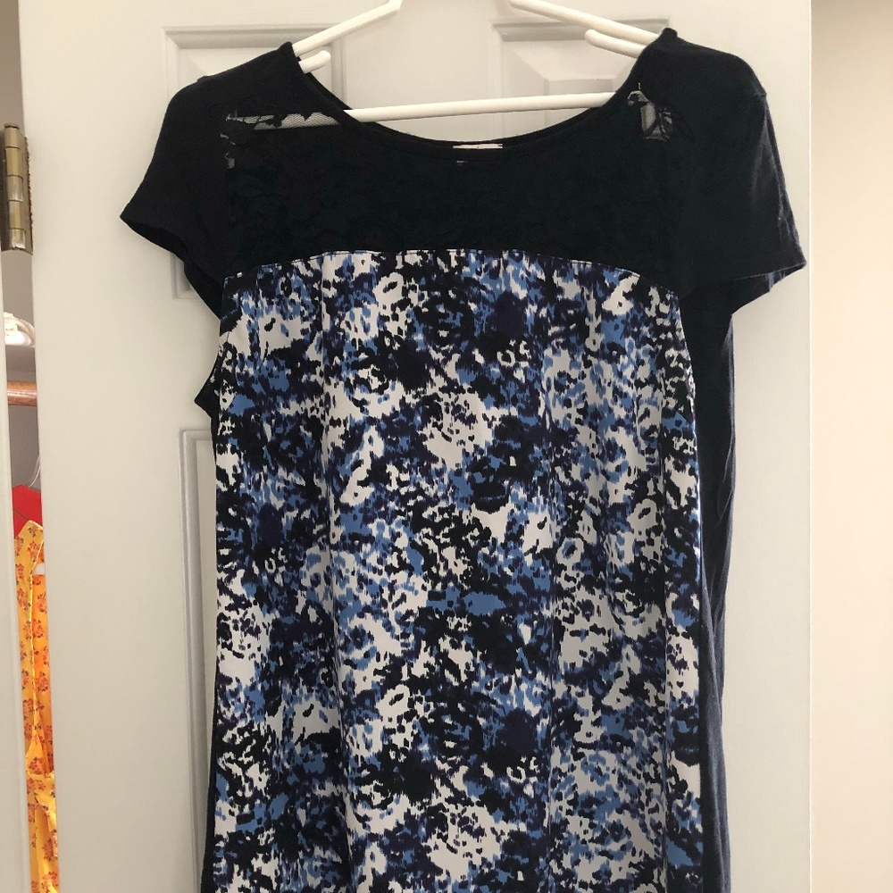 Mixed Media Blue, Black, White Blouse